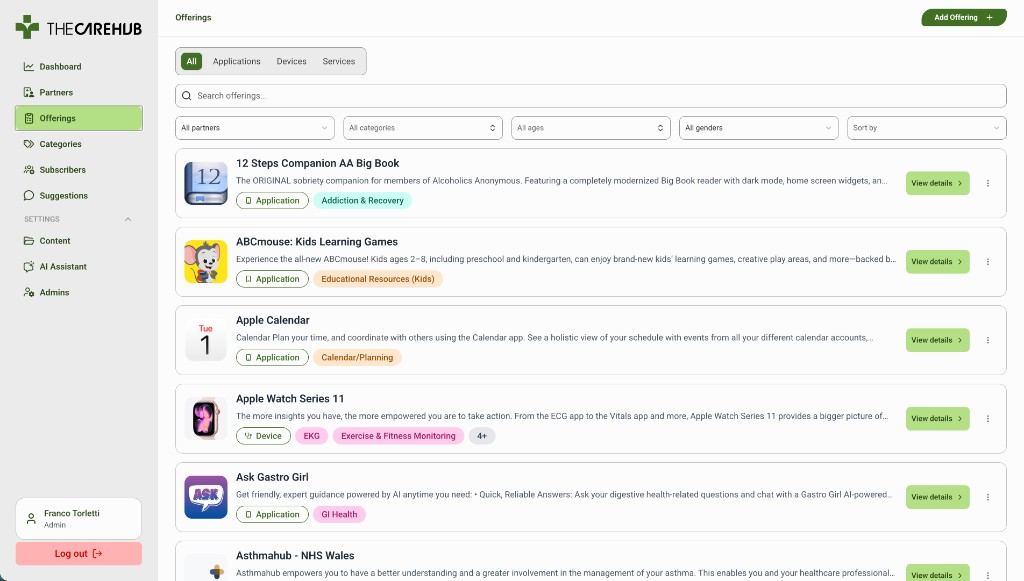 CareHub admin offerings panel