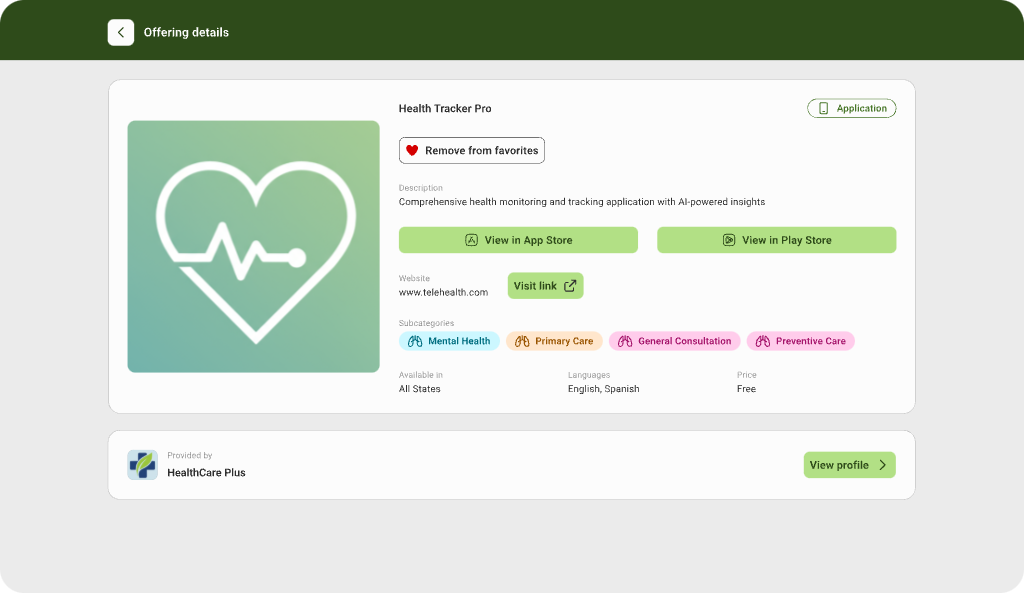 Health Tracker Pro offering details in The CareHub
