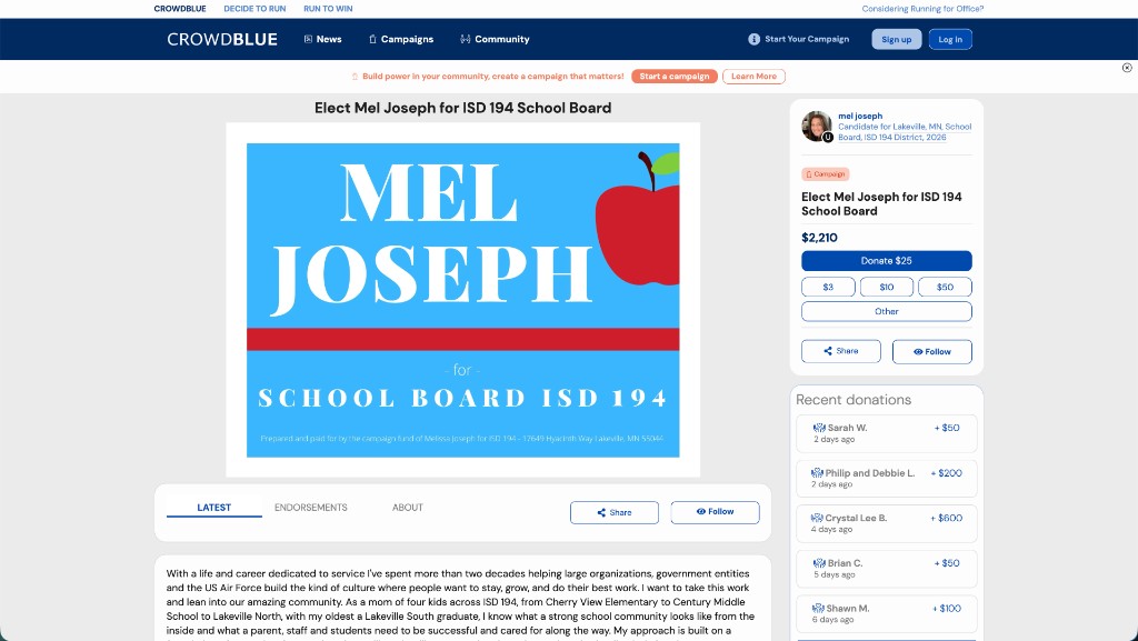 Crowdblue web campaign page for Mel Joseph school board race
