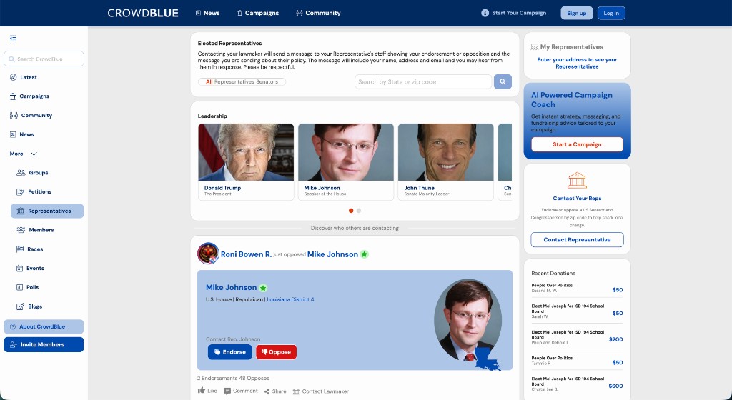 Crowdblue web representatives and civic engagement dashboard