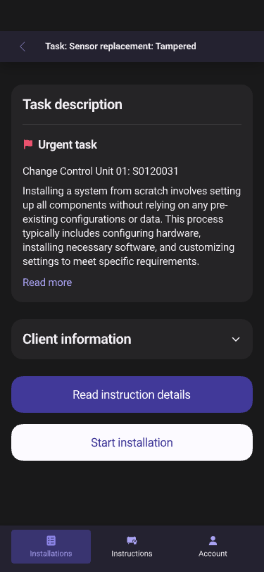 GasGarda installer task overview with start installation action