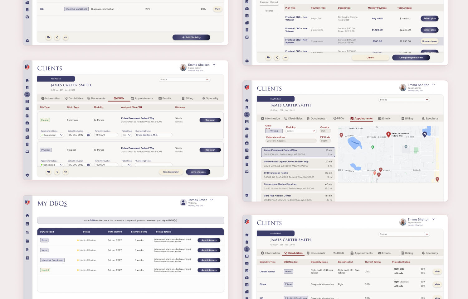 Screens from a custom web CRM we built: client records, appointment scheduling, billing and coverage mapping