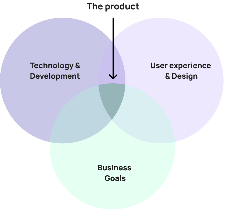 Venn diagram explaining that Imajine's product consists of development, user experience, and business goals